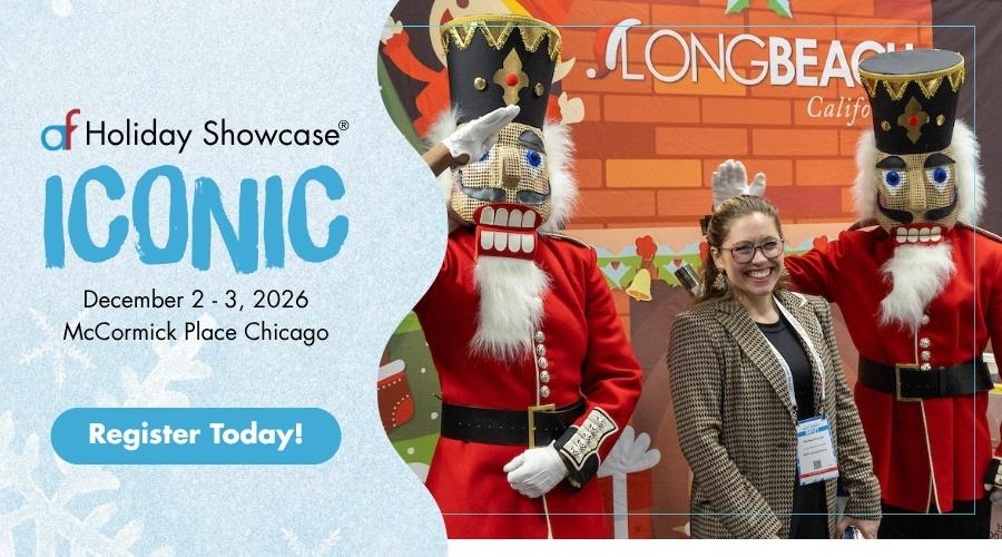 A woman with two life-size nutcrackers and the words: Holiday Showcase Iconic. December 2-3, 2026. McCormick Place Chicago. Register today!